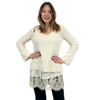 TWIN SET Maglione panna lungo con pizzo