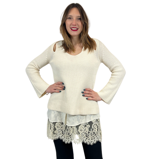 TWIN SET Maglione panna lungo con pizzo