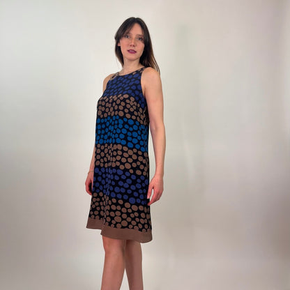LORO PIANA Abito in seta pois blu e tabacco