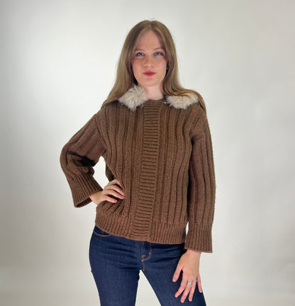 GUCCI Giubbino a coste marrone con collo in alpaca