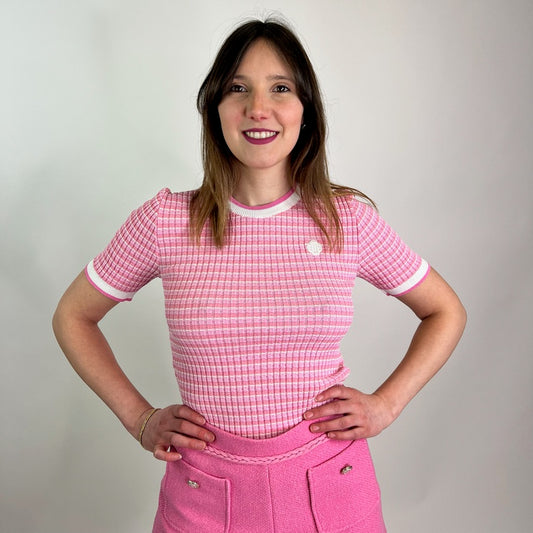 MAJE Maglia rosa e bianca a coste