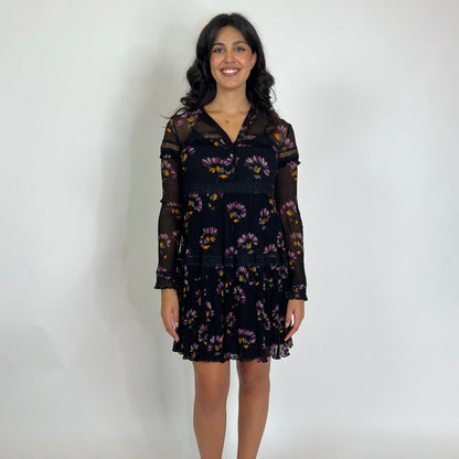 TWIN SET Abito nero con fiori viola