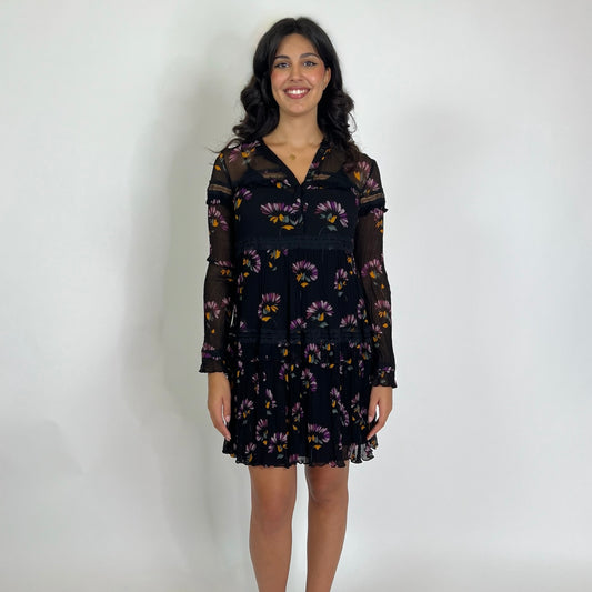 TWIN SET Abito nero con fiori viola