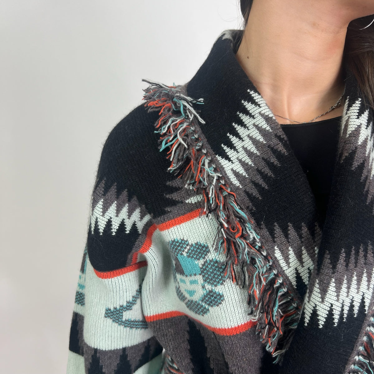 ALANUI Cardigan New Icon in cashmere toni turchese nero e arancio