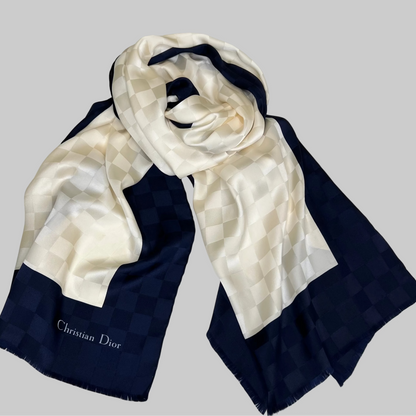 CHRISTIAN DIOR Foulard sciarpa in seta  avorio e blu