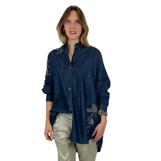 NINA D Camicia in jeans con ricami argento