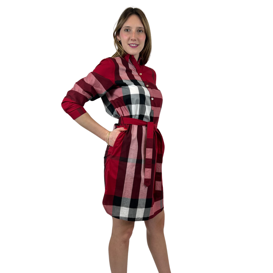 BURBERRY Abito in cotone stampa check rosso scuro