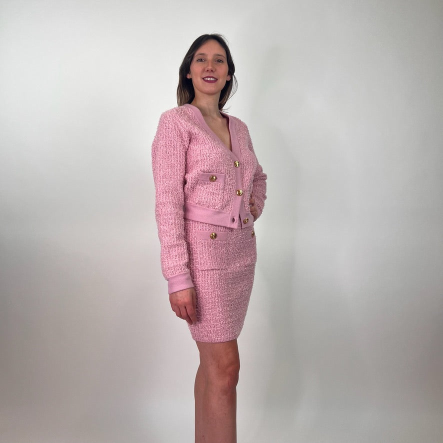 ELISABETTA FRANCHI Completo in maglia rosa con bottoni oro