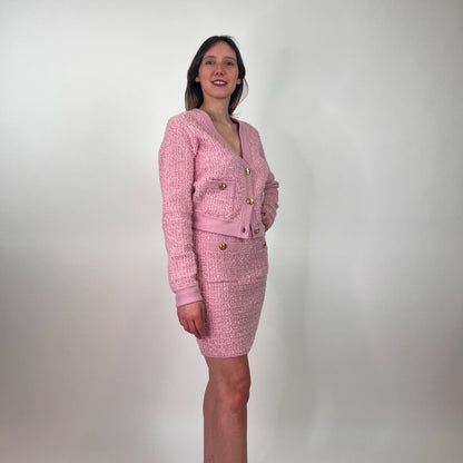 ELISABETTA FRANCHI Completo in maglia rosa con bottoni oro