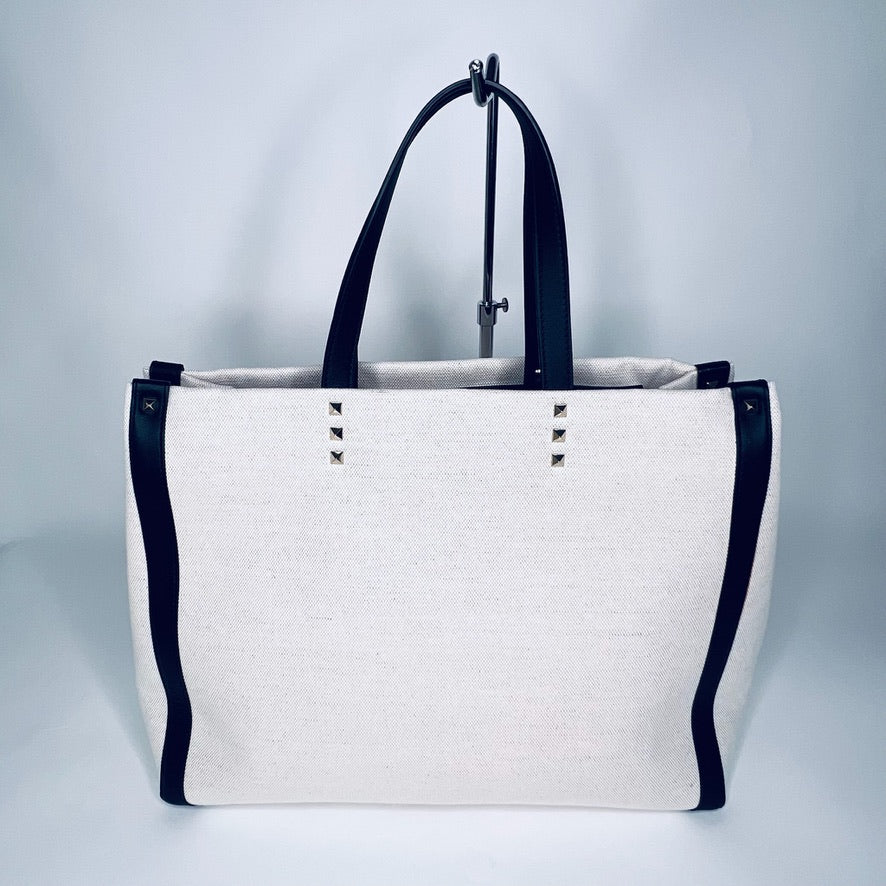 VALENTINO Borsa in canvas naturale con profili neri