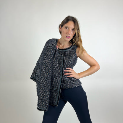 ALBINO MORETTI Completo giacca e top in tessuto bouclé blu e nero