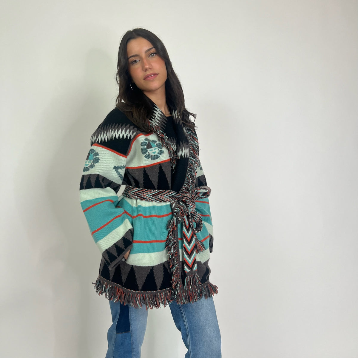 ALANUI Cardigan New Icon in cashmere toni turchese nero e arancio