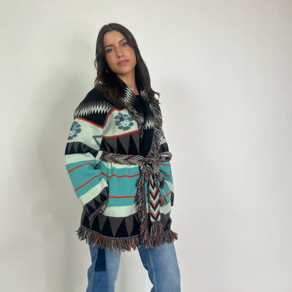 ALANUI Cardigan New Icon in cashmere toni turchese nero e arancio