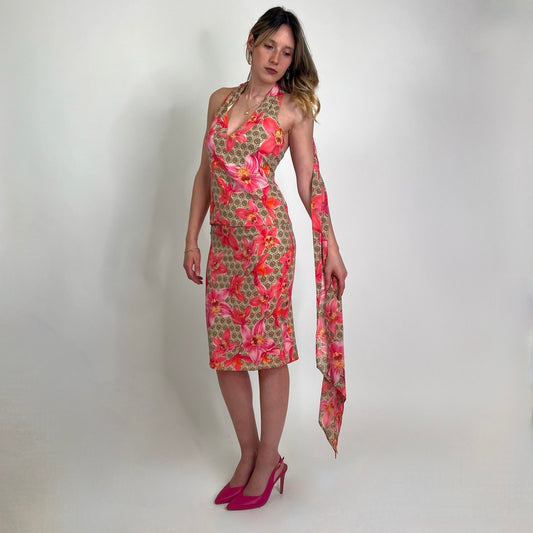 VERSACE Completo in seta tortora con fiori rosa