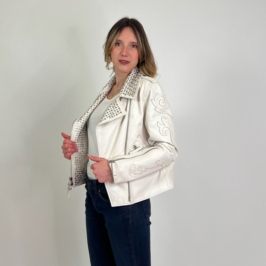 BLAUER Giacca in pelle bianca con borchie e ricami