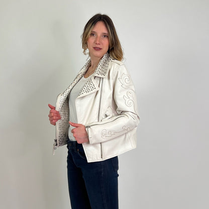 BLAUER Giacca in pelle bianca con borchie e ricami