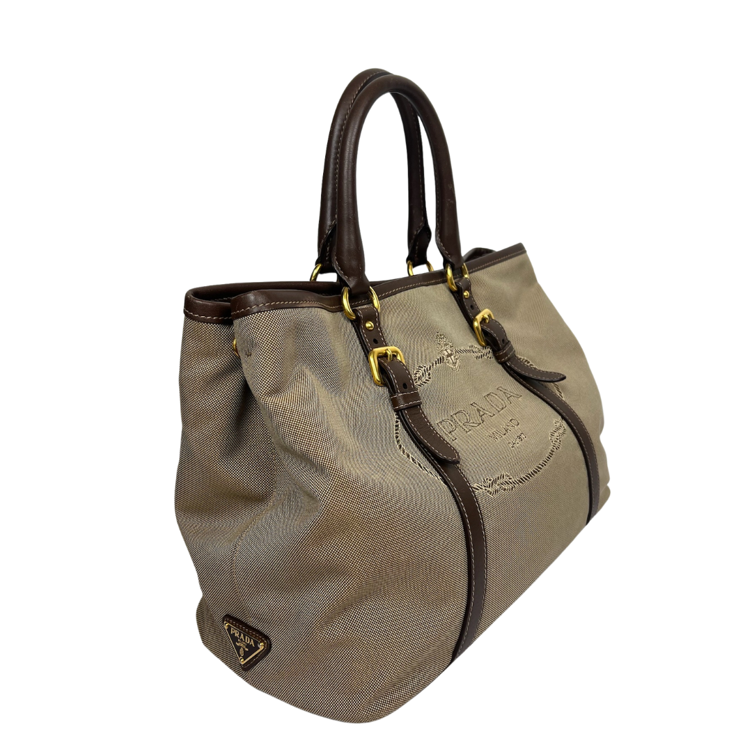 PRADA Borsa 2 Way in canvas beige e pelle marrone