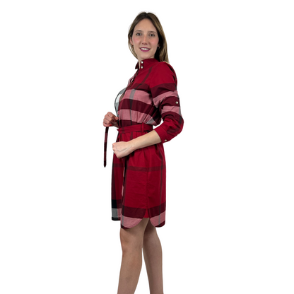 BURBERRY Abito in cotone stampa check rosso scuro