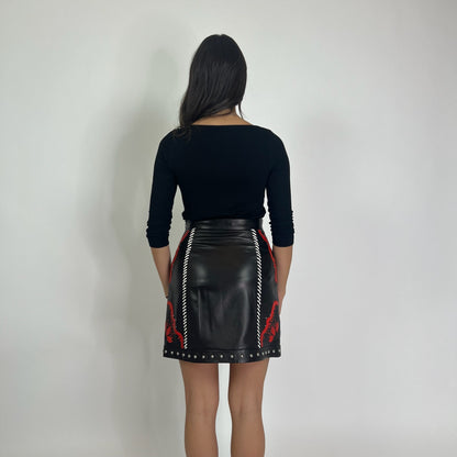 DROME Gonna in pelle nera ricamata bianca e rossa