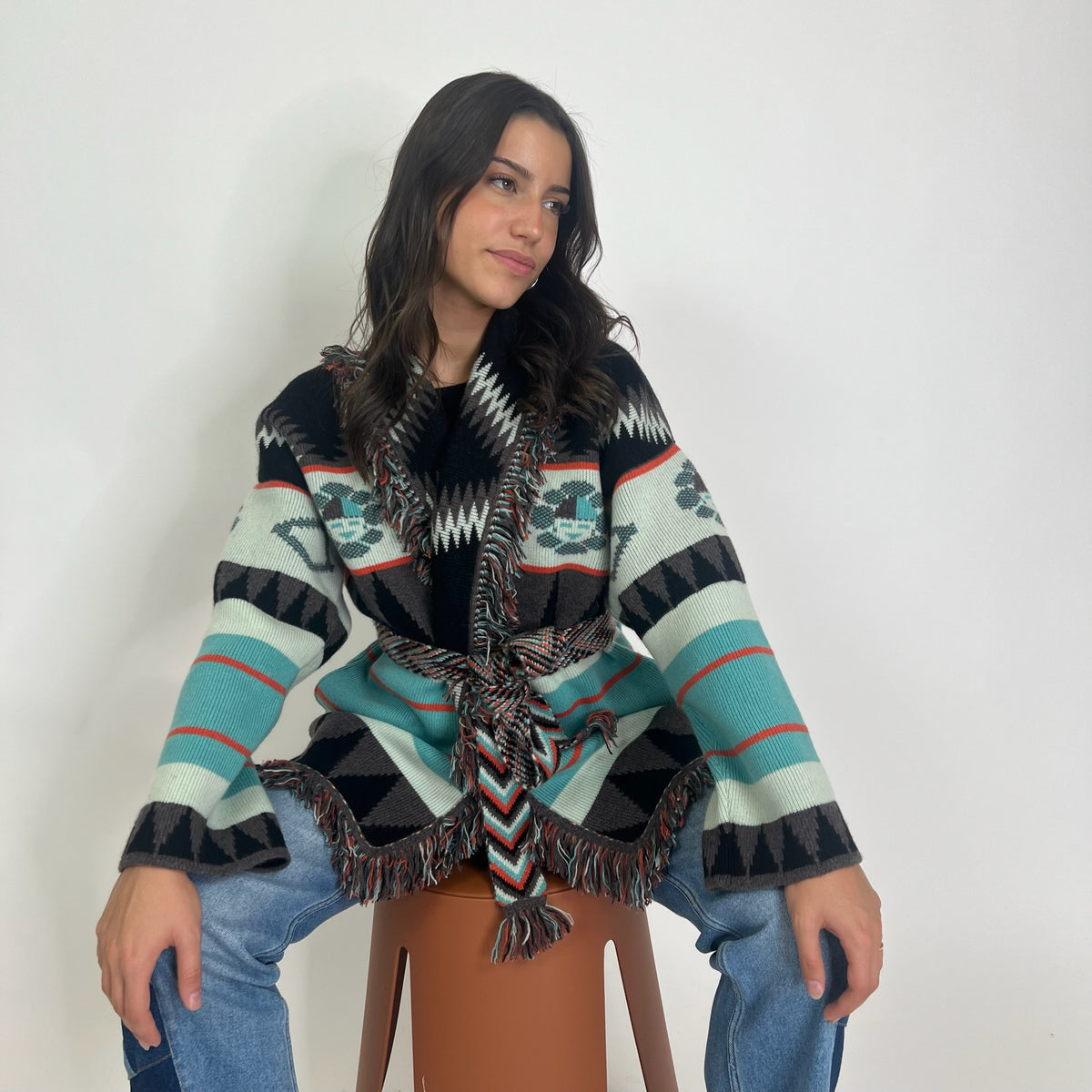 ALANUI Cardigan New Icon in cashmere toni turchese nero e arancio