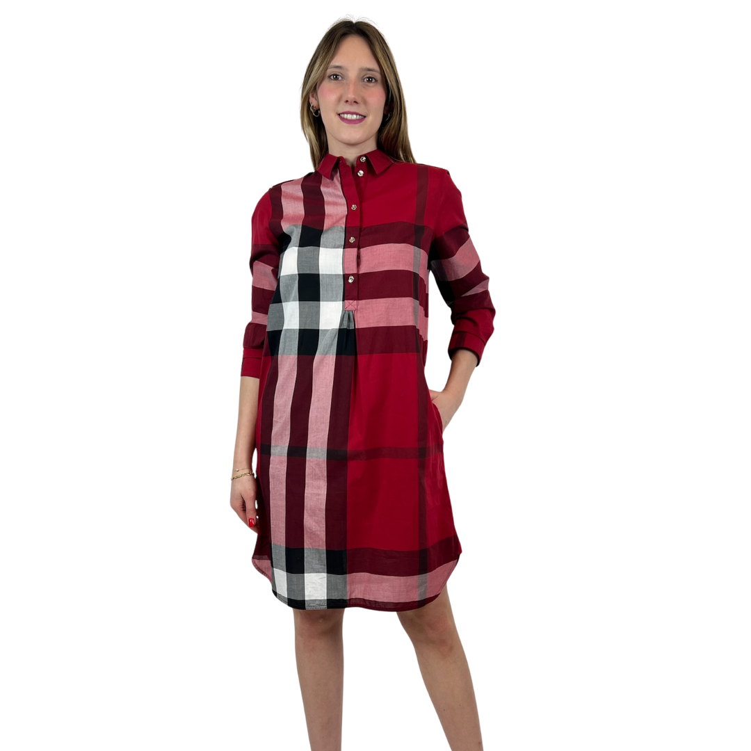 BURBERRY Abito in cotone stampa check rosso scuro