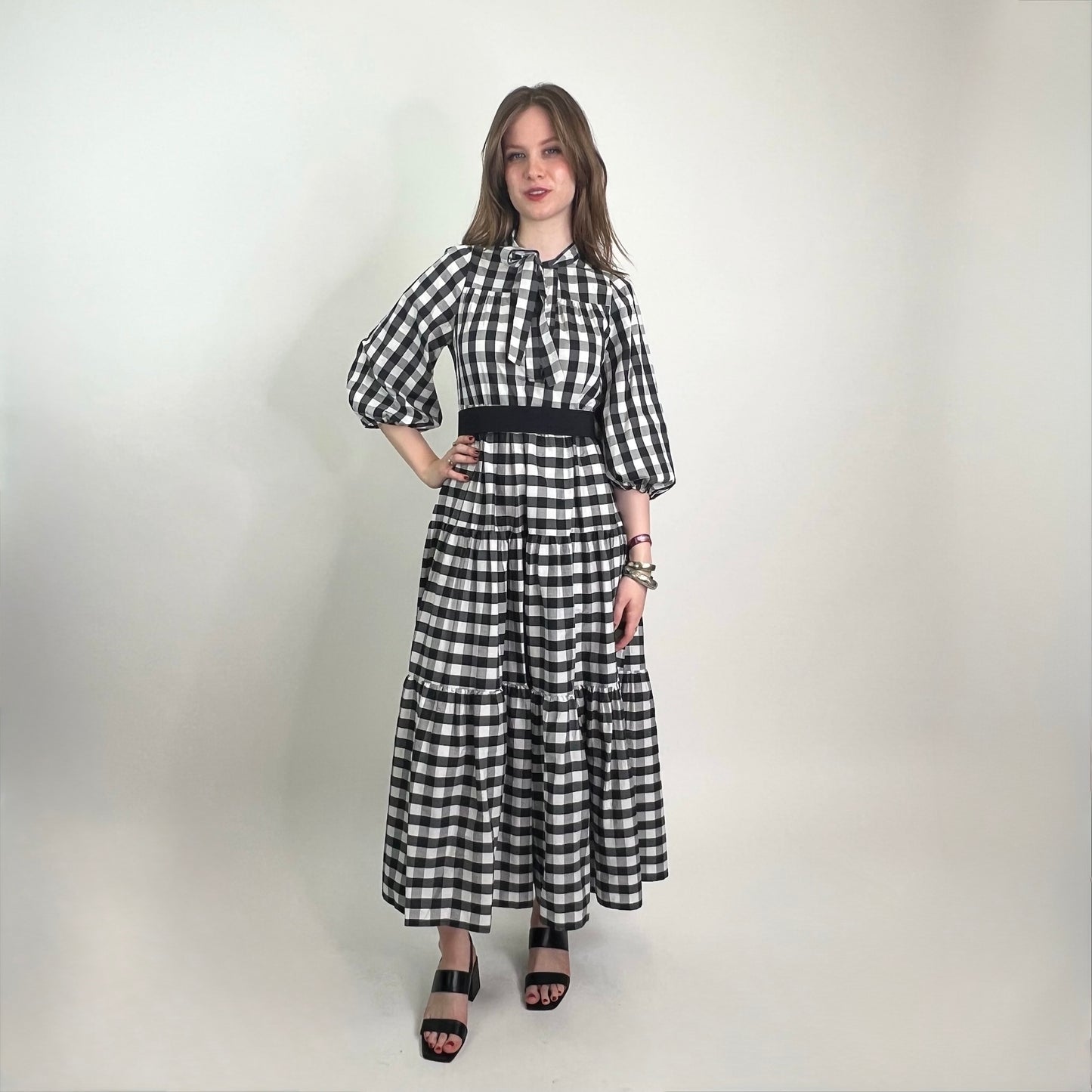 OTTODAME Abito lungo vichy bianco nero