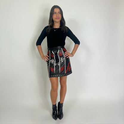 DROME Gonna in pelle nera ricamata bianca e rossa