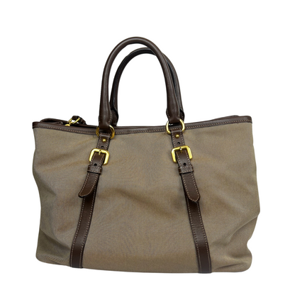 PRADA Borsa 2 Way in canvas beige e pelle marrone