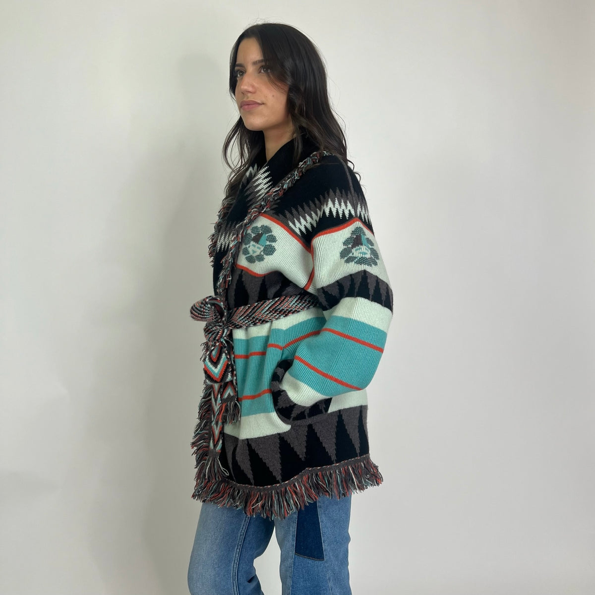 ALANUI Cardigan New Icon in cashmere toni turchese nero e arancio