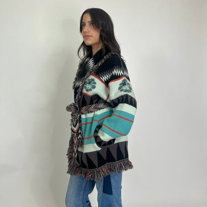 ALANUI Cardigan New Icon in cashmere toni turchese nero e arancio