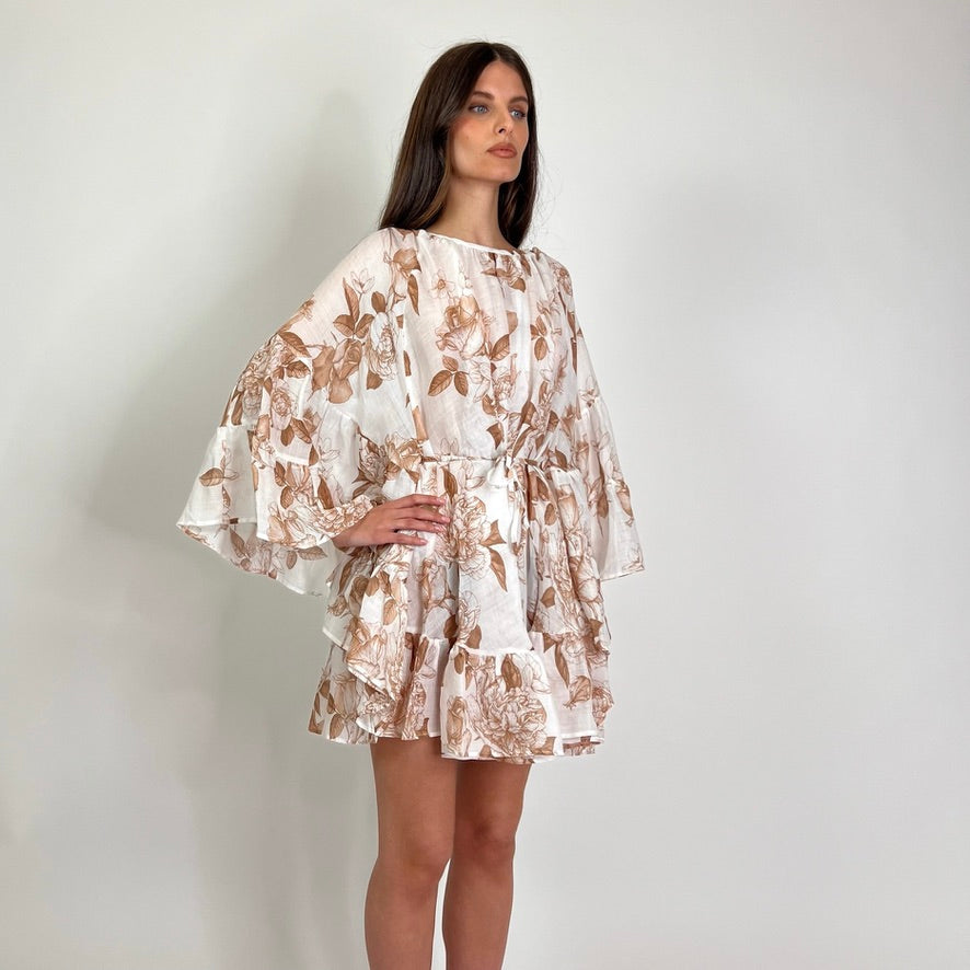 LAVI COUTURE Abito corto ramiè bianco stampa caffè
