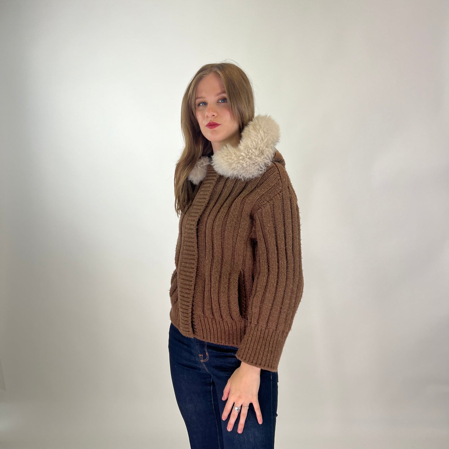 GUCCI Giubbino a coste marrone con collo in alpaca