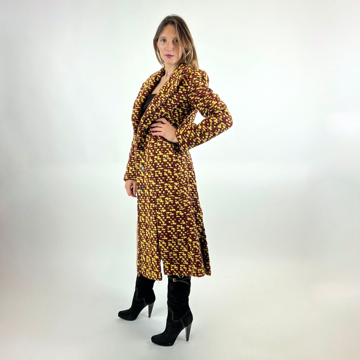 CHRISTIAN DIOR Cappotto bouclè mattone e giallo con spacchi