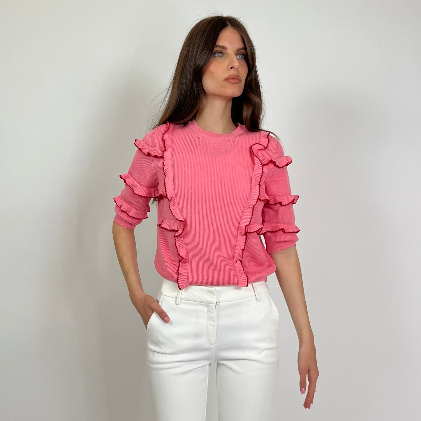 VALENTINO Maglia rosa manica corta con rush con profilo rosso