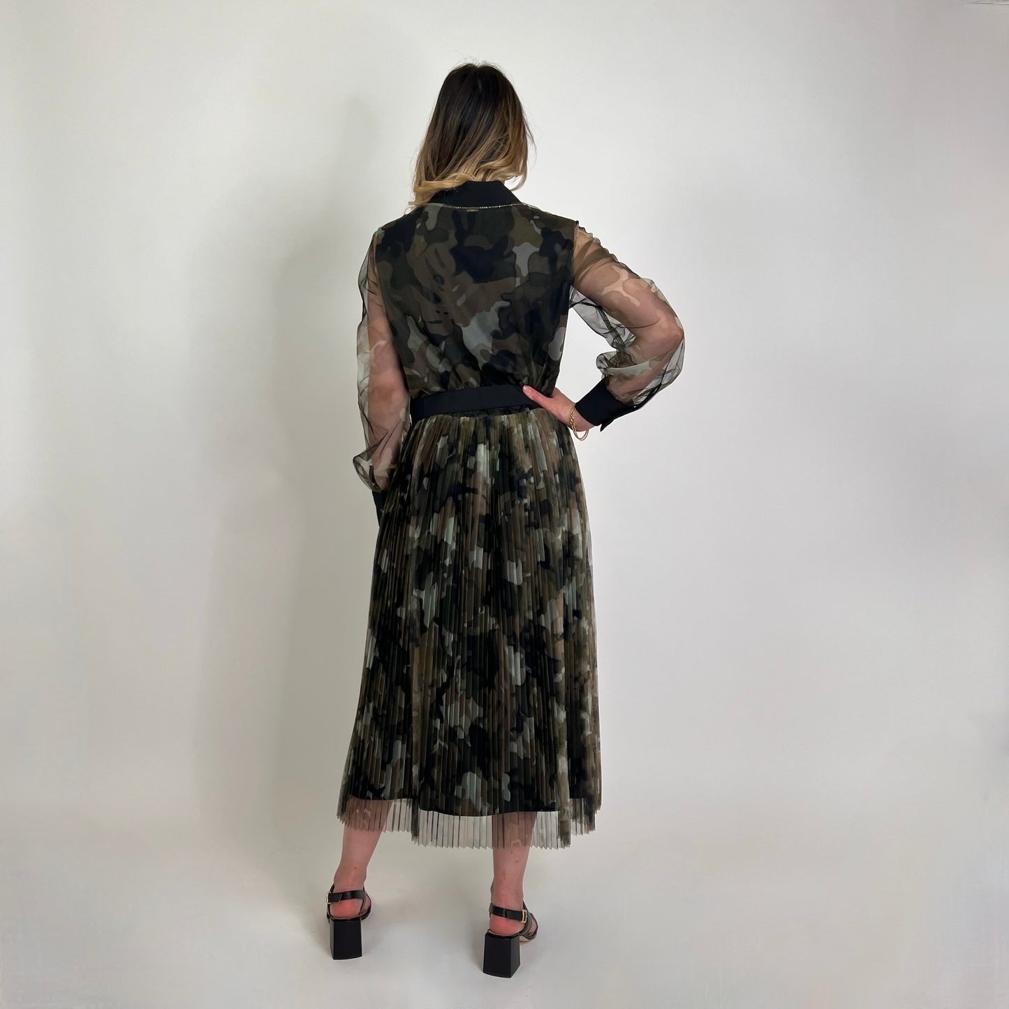 TWIN SET Abito lungo in tulle camouflage