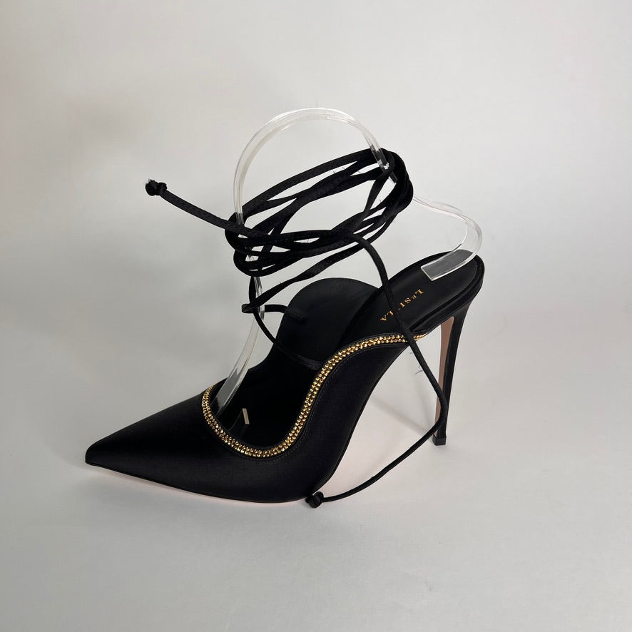 LE SILLA Décolleté a sabot in raso nero con strass oro
