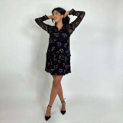 TWIN SET Abito nero con fiori viola
