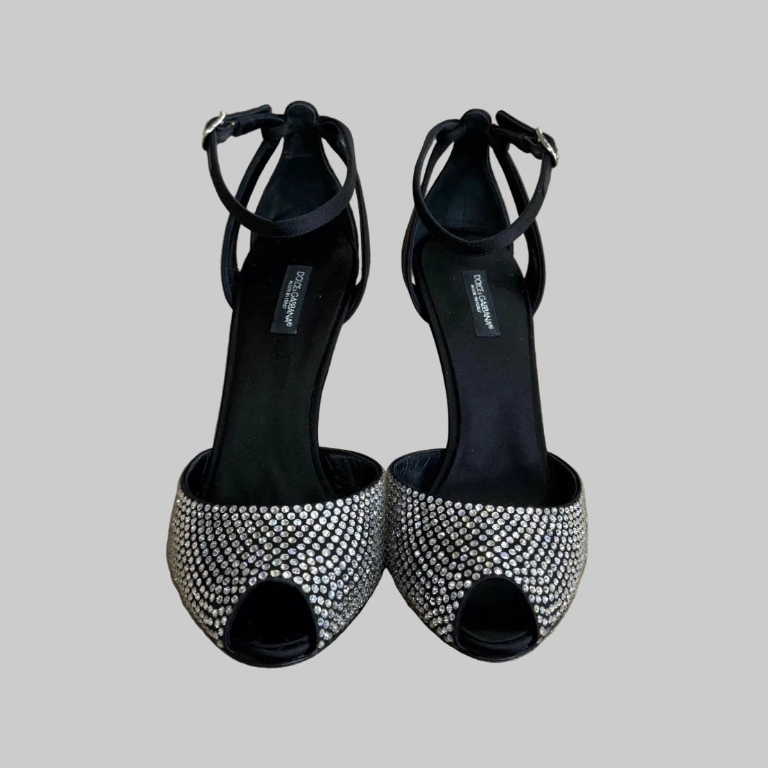 DOLCE & GABBANA Sandalo in raso nero con Swarovski