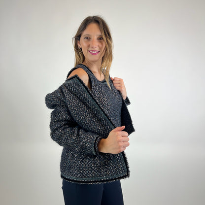 ALBINO MORETTI Completo giacca e top in tessuto bouclé blu e nero