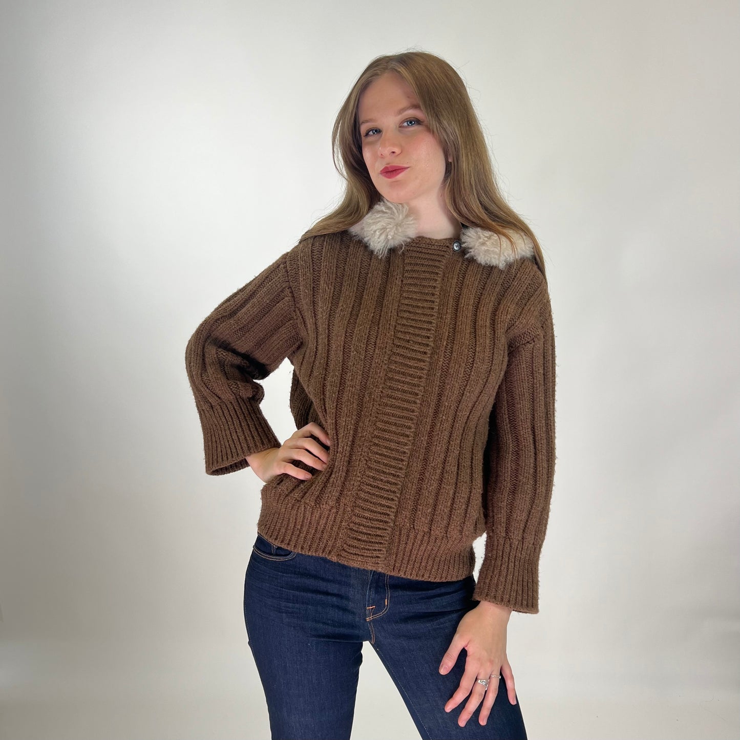 GUCCI Giubbino a coste marrone con collo in alpaca