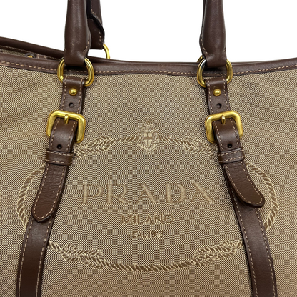 PRADA Borsa 2 Way in canvas beige e pelle marrone