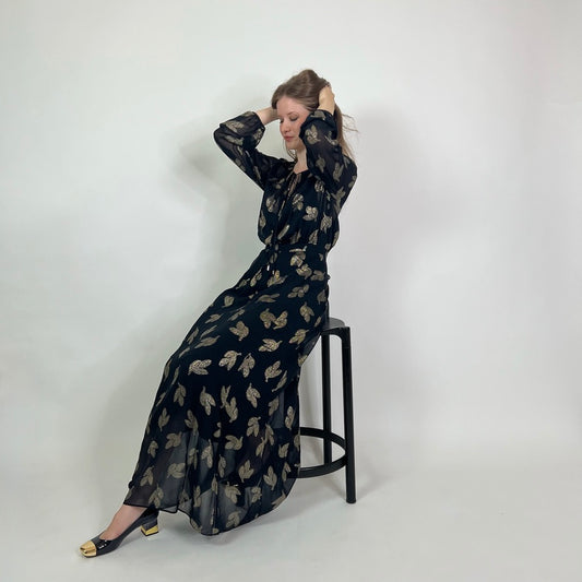 MAX MARA Abito lungo nero con foglie oro
