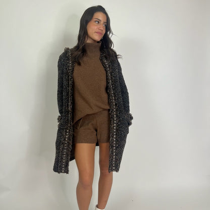 MORESI Cappotto in maglia di lana mista tweed marrone