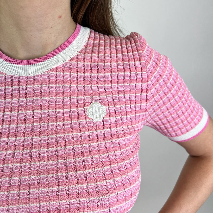 MAJE Maglia rosa e bianca a coste