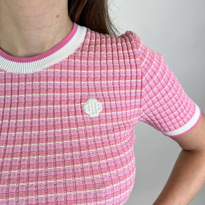 MAJE Maglia rosa e bianca a coste