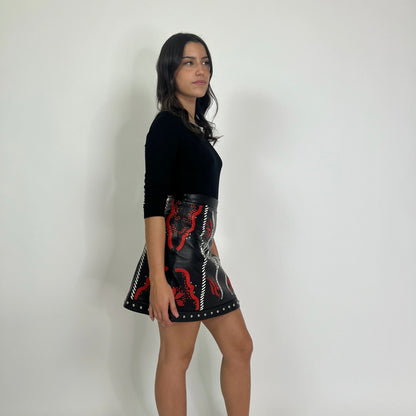 DROME Gonna in pelle nera ricamata bianca e rossa