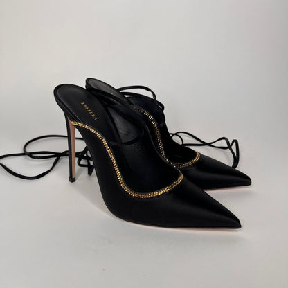 LE SILLA Décolleté a sabot in raso nero con strass oro