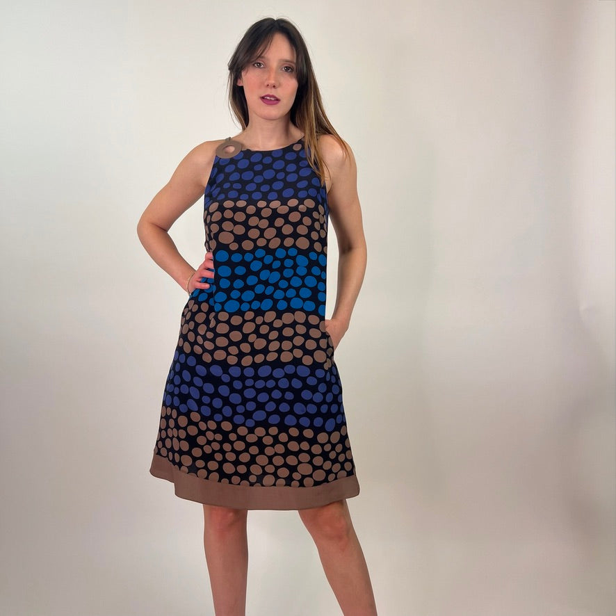 LORO PIANA Abito in seta pois blu e tabacco