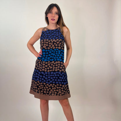 LORO PIANA Abito in seta pois blu e tabacco