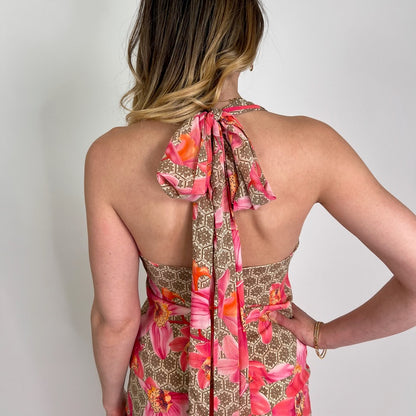 VERSACE Completo in seta tortora con fiori rosa